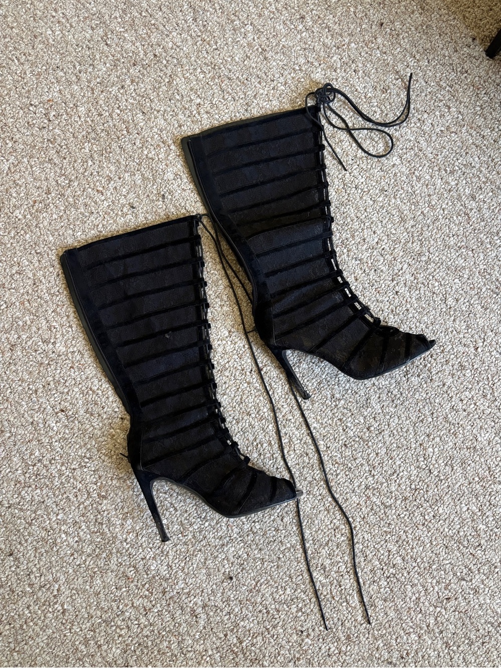 Black Lace-Up Sheer High-Heel Boots